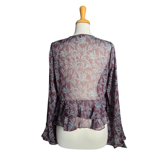 Olivaceous Maroon Fairy Grunge Floral Ruffled Bell Sleeve Blouse Women's M - Picture 6 of 10